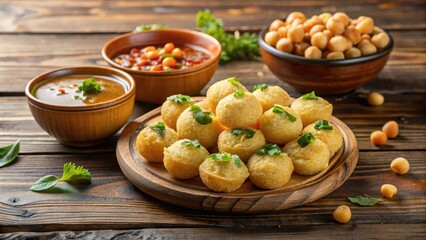 Pani Puri filled with chickpeas on a wooden table, spicy sauce, street food vendor