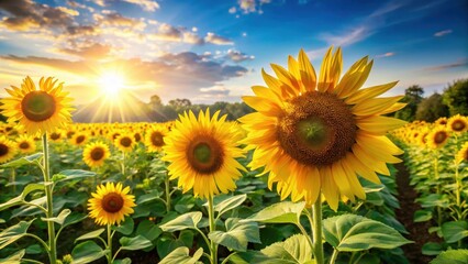 Fototapeta premium Sunny Field with Tall Sunflowers in Full Bloom, garden, nature, garden, nature, agriculture, fields,sunflowers, outdoor, blooms