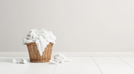 White Laundry Basket Overflowing with Clean Towels on Light Hardwood Floor in a Minimalist Room with Neutral Tones and Simple Decor Elements