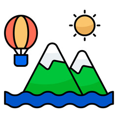 Naklejka premium A unique design icon of mountains with hot air balloon showcasing hills station