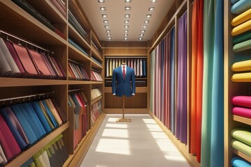 Fototapeta premium Elegant interior of a fabric store showcasing various textiles and a tailored suit