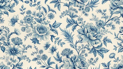 Elegant French toile-inspired blue and white floral pattern on a light beige background seamless for interior design and craft projects, Vintage Chic, Seamless