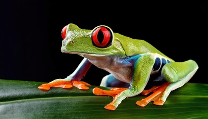 Vibrant RedEyed Tree Frogs Perched on Tropical Leaf, Illuminating the Rainforest Canopy with Bold Colors and Intricate Details in an Enchanting Closeup.