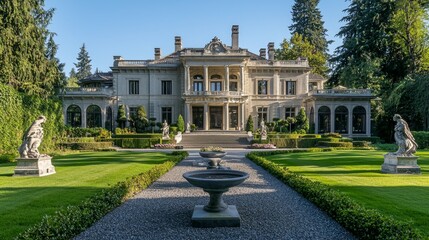 Obraz premium Elegant Historic Mansion Surrounded by Lush Green Gardens and Statues