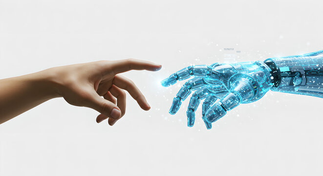 Connection between human and artificial intelligence shown through touching hands. Modern technology meets humanity. Digital transformation concept for business and future with copy space