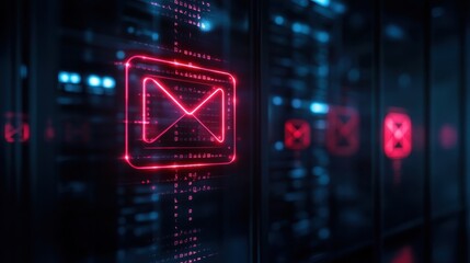 Fototapeta premium Futuristic Digital Communication Concept Featuring Neon Email Symbol Against a High-Tech Background in a Data Center Environment