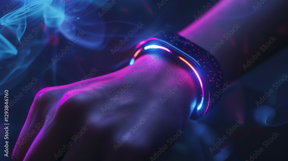 Poster a hand adorned with a glowing bracelet is illuminated by colorful lights against a backdrop of swirl