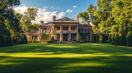 Elegant Mansion Surrounded by Lush Green Landscape Under Blue Sky