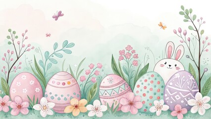 a watercolor easter eggs with bunny and spring flowers illustration. The eggs are beautifully decorated