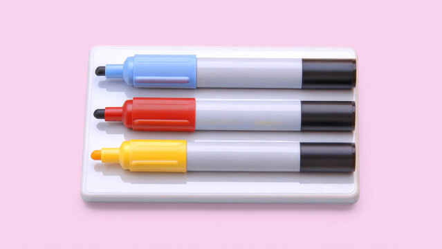 online tutoring 3D Three colorful markers arranged on a white tray against a pink background.