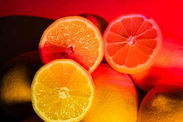 minimalistic photo of juicy lemons, lemon texture in section, citrus fruits