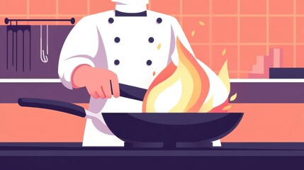 Chef in Modern Kitchen with Frying Pan Flames, Culinary Artistry in Action, Vibrant Cooking Scene with Professional Cook Igniting Flames
