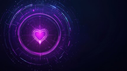 Obraz premium Neon Heart Shape in Abstract Digital Circle with Futuristic Elements and Glowing Lines on Dark Background for Modern Design Projects