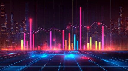 Financial District Skyline with Abstract Glowing Charts, Graphs, and Data Analysis Visualization
