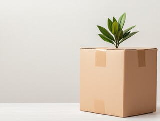 A cardboard box with a small green plant growing from the top, symbolizing sustainability and growth.