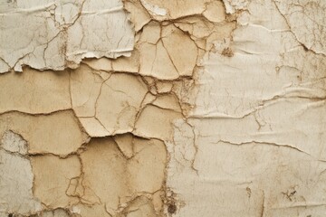 A close-up of cracked, peeling paint on a textured surface, showcasing layers of beige and tan hues, illustrating age and deterioration.