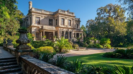 Obraz premium Elegant Historic Mansion Surrounded by Lush Greenery and Garden