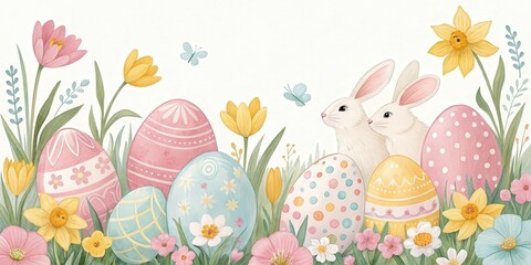 Easter bunny and pastel eggs in spring flowers