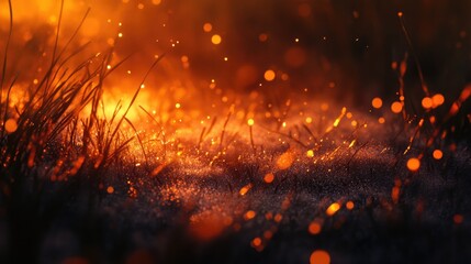 Early morning sunlight illuminating dew-covered grass in a macro perspective.