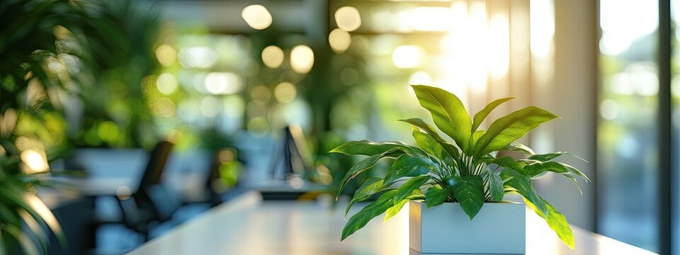 Minimalist indoor plants with contrasting colors under window sunlight, blurred office backdrop for productivity web content or workplace wellness blogs.