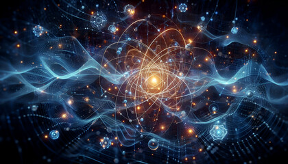 Obraz premium Dynamic Atomic Structure with Glowing Energy Particles and Waves