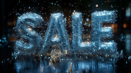 Water splashes around the word sale glowing in the dark during a seasonal promotion event at a local store