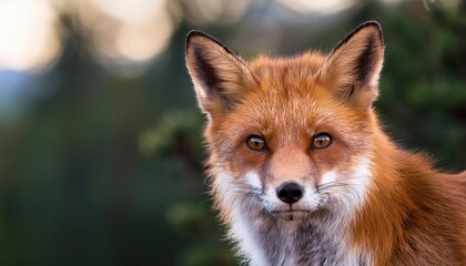 Fototapeta premium Striking Closeup Portrait of a Red Fox Vulpes vulpes amidst Bokeh of Pine Trees at Sunset, Capturing the Enchantment of Forest and Wilderness in Velvet Mood