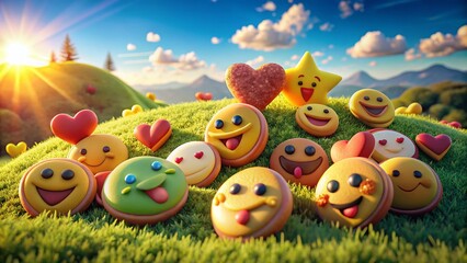 Obraz premium Adorable Cookie Emoji Landscape: A Sweet Collection of Yummy Treats in a Scenic Setting