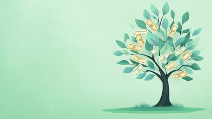 Obraz premium Illustrative depiction of a lush money tree concept with cash notes creatively integrated into the green foliage against a soft mint background