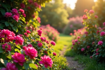 Obraz premium A picturesque pathway meanders through a vibrant garden, where lush rose bushes burst with the radiant beauty of fully bloomed pink roses, bathed in the warm glow of the setting sun.