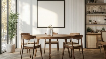 Stylish wooden table with a dark-brown finish, paired with sleek dark-wood chairs featuring soft beige cushions—a cozy blend of elegance and comfort