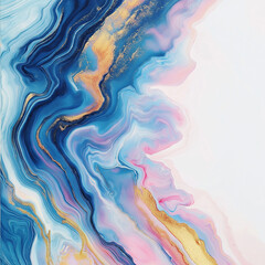 Fototapeta premium A mesmerizing swirl of oil paint in rich blues, pinks, and golds, creating a smooth marbled effect with flowing patterns against a pure white backgroun 