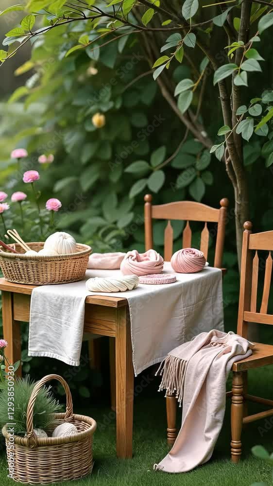 Poster a table with a basket of yarn and a vase of flowers. the yarn is in different colors and sizes