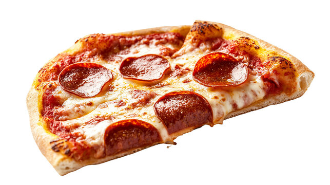 Hot and cheesy pepperoni pizza slice with melted mozzarella, Italian cuisine concept, isolated on a white background