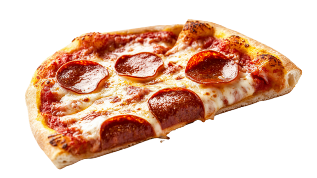 Hot and cheesy pepperoni pizza slice with melted mozzarella, Italian cuisine concept, isolated on a white background