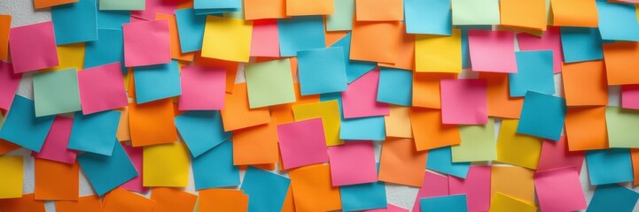 Office or classroom wall covered with vibrant colored blank square sticky notes to post on it all over for brainstorming. Background with copy space