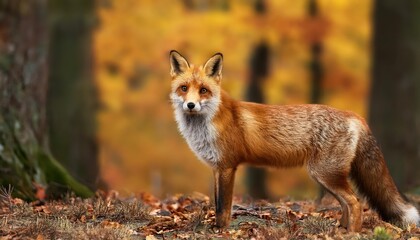 Fototapeta premium Red Fox Standing in Autumnal Forest Striking Vixen Amidst Vibrant Fall Foliage, Capturing the Majestic Beauty of Nature in a Serene Moment.
