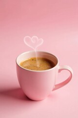 A pink mug filled with aromatic coffee, its steam forming a heart shape, sits on a soft pink background, symbolizing warmth, affection, and a comforting moment.