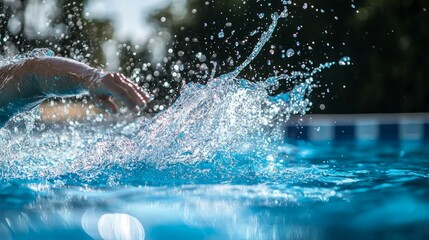 Person Splashing Water in Bright Blue Swimming Pool Outdoors