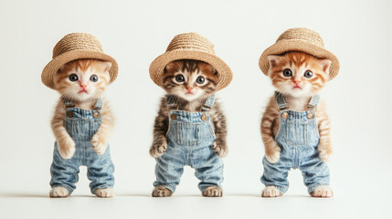 Thirty tiny kittens in cute overalls and hats, perfectly aligned in a row