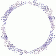 Watercolor wreath with purple leaves, purple flowers and branches