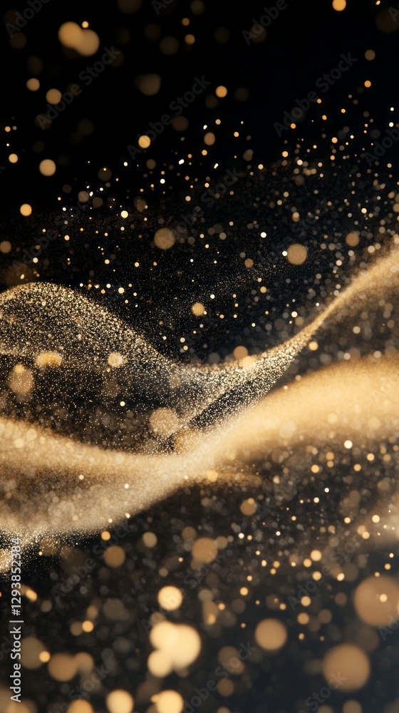 Poster golden particles swirl gracefully against a dark backdrop, creating an enchanting wave-like motion