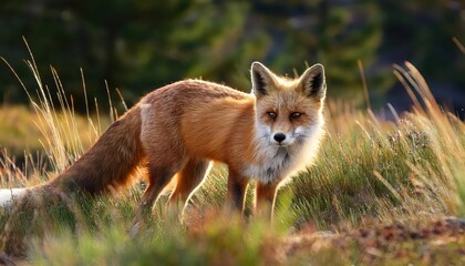 Naklejka premium Red Fox Roaming in the Snowy Landscapes of Canada, Majestic Wildlife Captured against a Winter Backdrop with FrostKissed Branches and Crisp White Pine Trees
