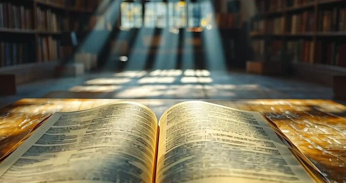 An old open book lies on a wooden table in a library, sunlight streams through a window.