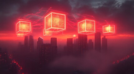 Glowing Cubes Float Above a Cityscape at Sunset