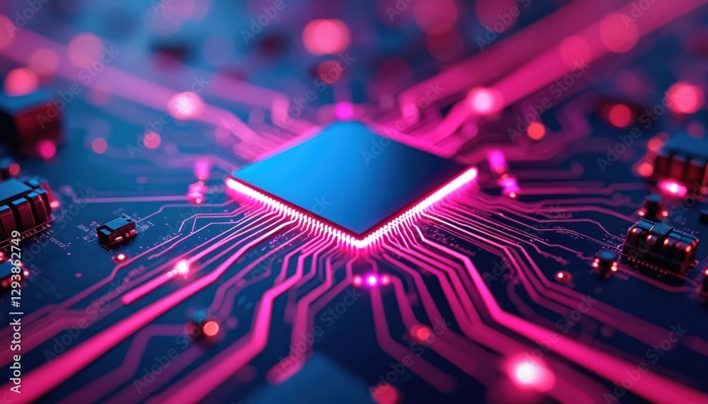 Poster abstract tech circuit board with glowing pink traces. blue central processor unit on background. fut
