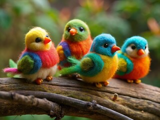 Obraz premium Adorable Felted Bird Figurines on Branch - Colorful Wool Toy Birds Close-Up
