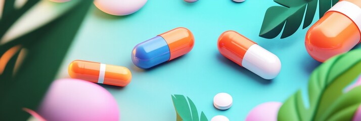 Colorful capsules and tablets surrounded by tropical leaves on a vibrant background