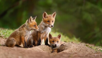 Adorable Red Fox Cubs Huddled Together in Wintery Den, Capturing the Cozy Mood of the Forests Youngest Residents on a Snowy Morning