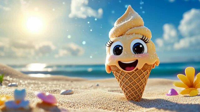 A cheerful animated ice cream cone with big eyes and a smile sitting on a sunny beach with seashells